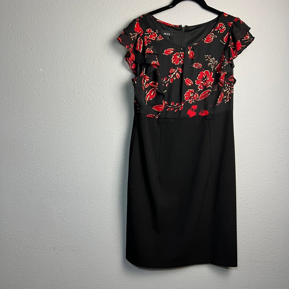 ALYX Dress Black Floral Ruffle Cap Sleeve Sheath Knee Length‎ Drop Waist Size 10